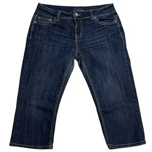 Warehouse One Dark Wash 5 Pocket Button Zip Close Cropped Capri Jeans sz 14 Reg